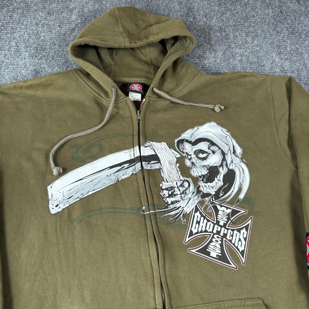 West Coast Choppers Jesse James Zip Hoodie Olive Green Grim Reaper Mens Large